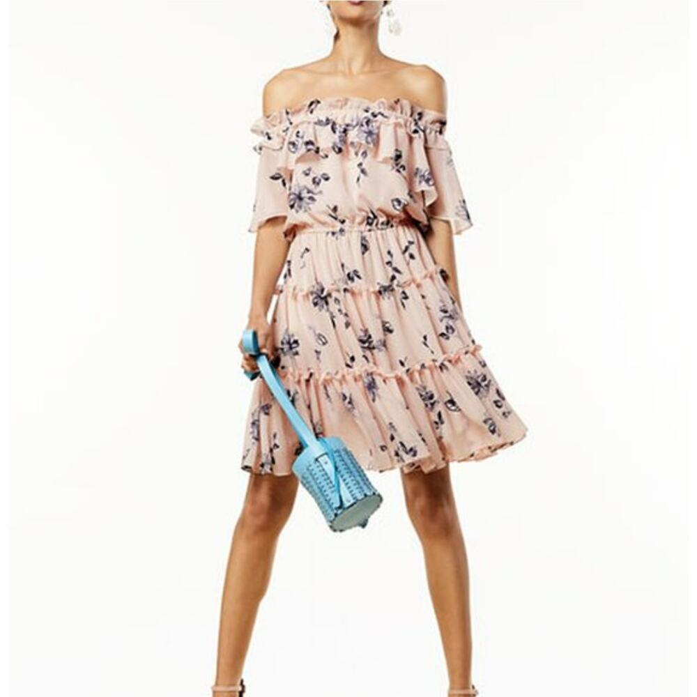 Shoshanna Lora Floral Off Shoulder Ruffle Dress Blush Pink Women's Size 8